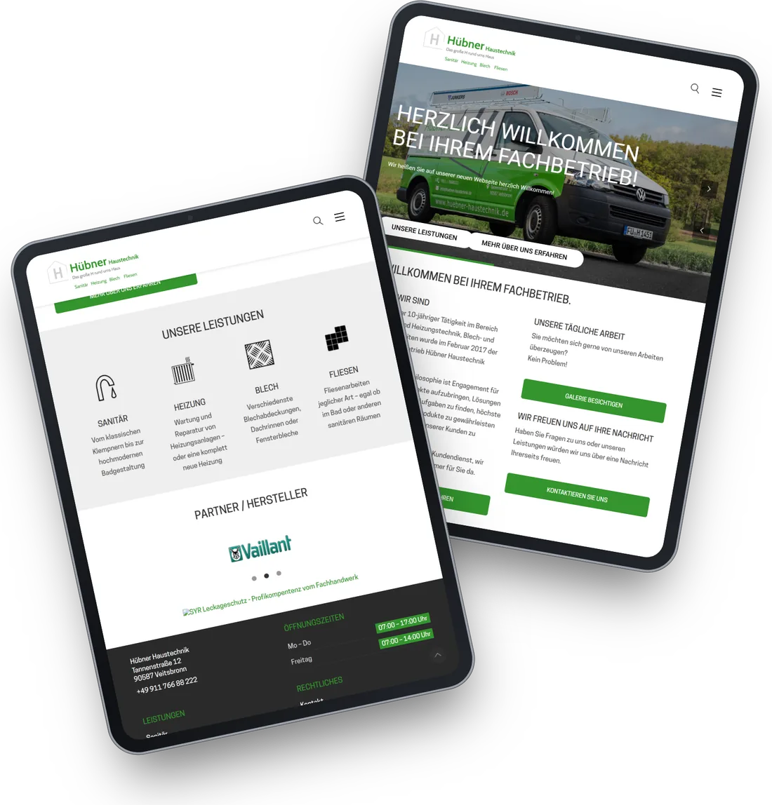 Die Website von Hübner Haustechnik auf zwei Tablets
